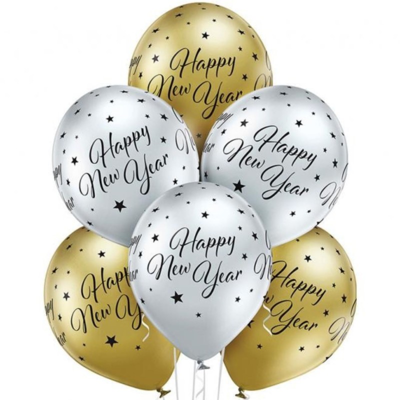 Lateksowe klasyczne srebrne i złote Balony D11 Glossy Happy New Year 1C5S, 6 szt.