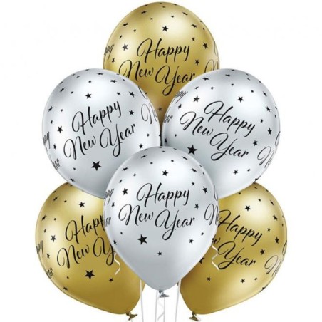 Lateksowe klasyczne srebrne i złote Balony D11 Glossy Happy New Year 1C5S, 6 szt.