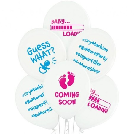Lateksowe klasyczne białe z nadrukami Balony D11 Baby Loading Baby Shover 1C2S, 6 szt.