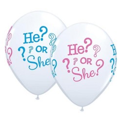 Lateksowe Balony biały z napis. "He? or She?" 11" - 28 cm / 25 szt.