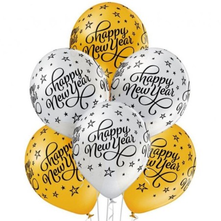 Lateksowe klasyczne srebrne i złote Balony D11 Happy New Year 1C5S, 6 szt.