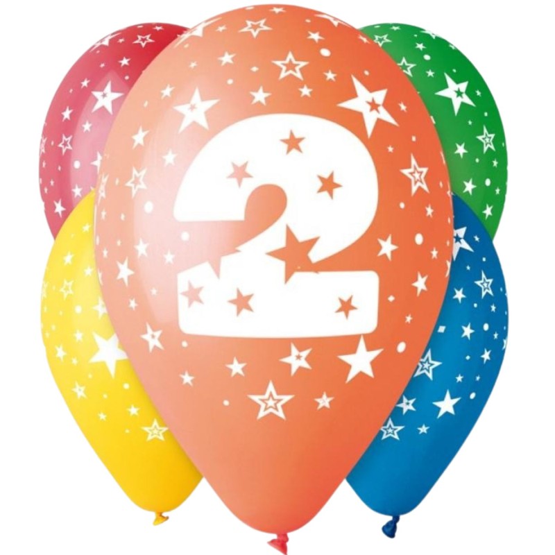 Lateksowe kolorowe balony urodzinowe cyfra 2, 12" - 30 cm. 5 szt.