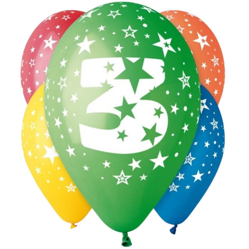 Lateksowe kolorowe balony urodzinowe cyfra 3, 12" - 30 cm. 5 szt.