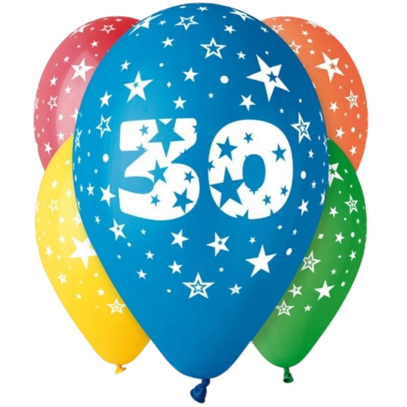 Lateksowe kolorowe balony urodzinowe cyfra 30, 12" - 30 cm. 5 szt.