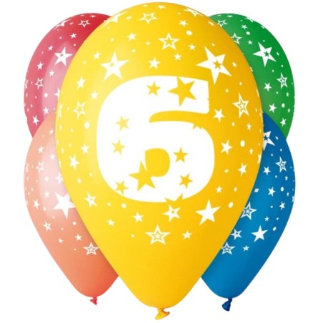 Lateksowe kolorowe balony urodzinowe cyfra 6, 12" - 30 cm. 5 szt.
