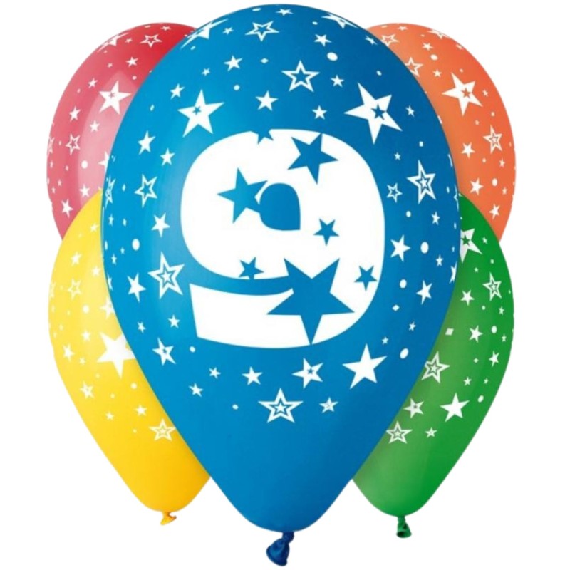 Lateksowe kolorowe balony urodzinowe cyfra 9, 12" - 30 cm. 5 szt.