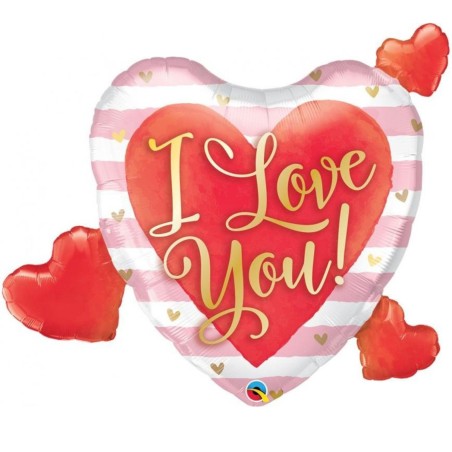 Wielokolorwy w kształcie serca Balon foliowy 37" QL SHP "I Love You" serca, różowo-białe paski