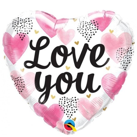 Wielokolorwy w kształcie serca Balon foliowy 18" QL HRT "Love You Pink Watercolor Hearts"