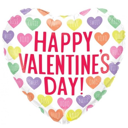 Wielokolorowy Balon foliowy 18" QL HRT "Happy Valentine's Day" kolorowe serca 1 szt.