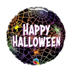 Kolorowy Balon foliowy 18" QL RND "Happy Halloween" (kolorowa pajęczyna)