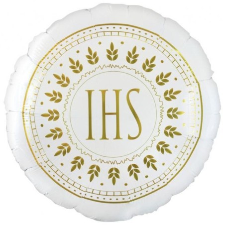Biały okrągły Balon foliowy IHS, okrągły 18" Pierwsza Komunia Św, 1 szt.