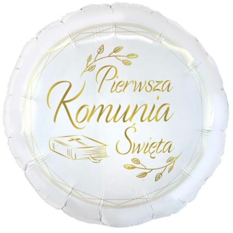 Biały Balon foliowy Pierwsza Komunia Święta (biblia), okrągły 18" 1 szt.