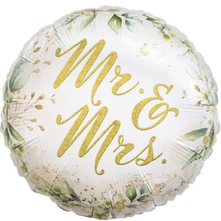 Foliowy biały okrągły Balon Mr and Mrs, 18" 1 szt. Zaręczyny, ślub