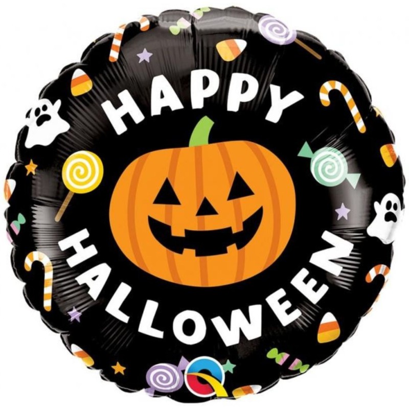 Kolorowy Balon foliowy 18" QL RND "Happy Halloween" (dynia i cukierki) 1 szt.