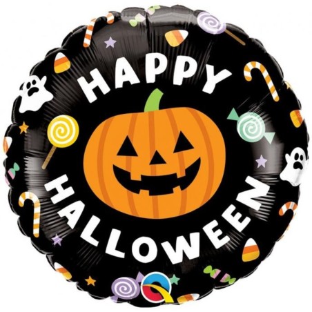 Kolorowy Balon foliowy 18" QL RND "Happy Halloween" (dynia i cukierki) 1 szt.
