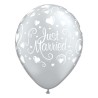 Lateksowe Balony srebrny z napis. "Just Married" (Serca) metalik 11" - 28 cm / 6 szt.