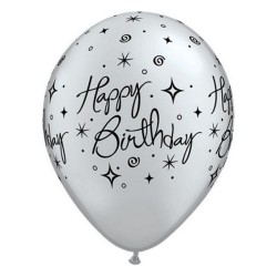Lateksowe Balony srebrny z napis. "Happy Birthday" metalik 11" - 28 cm / 25 szt.