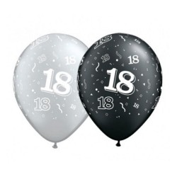 Lateksowe Balony czarny i srebrny z napis. "18" 11" - 28 cm / 25 szt.