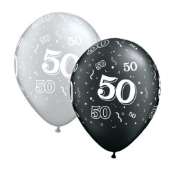 Lateksowe Balony srebrny i czarny z napis. "50" metalik 11" - 28 cm / 25 szt.