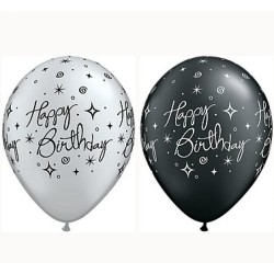 Lateksowe Balony czarny i srebrny z napis. "Happy Birthday" metalik 11" - 28 cm / 25 szt.