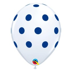 Lateksowe Balony białe z nadru. Niebieskie grochy 11" - 28 cm / 25 szt.