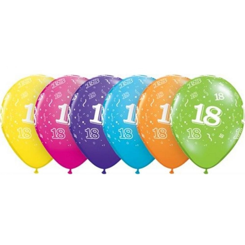 Lateksowe kolorowe balony cyfra 18, 11" - 28 cm. 25 szt.