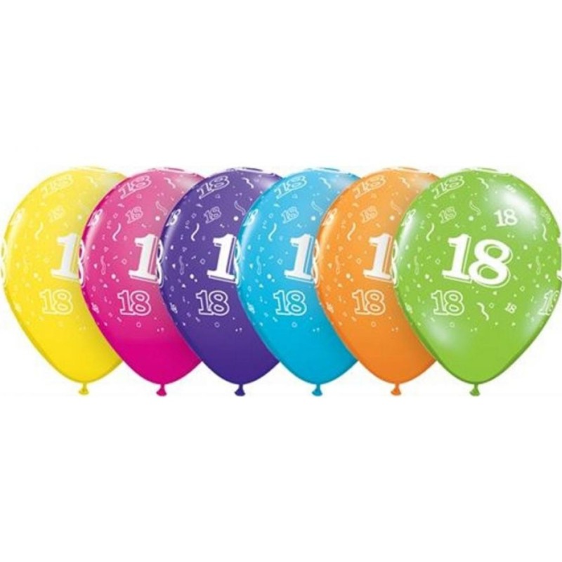 Lateksowe kolorowe balony cyfra 18, 11" - 28 cm. 6 szt.