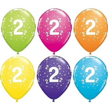 Lateksowe kolorowe balony cyfra 2, 11" - 28 cm. 6 szt.