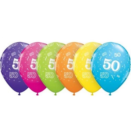 Lateksowe kolorowe balony cyfra 50, 11" - 28 cm. 6 szt.