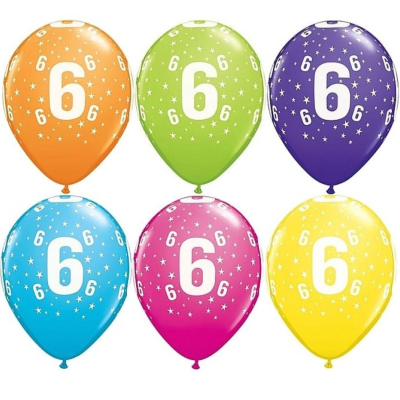 Lateksowe kolorowe balony cyfra 6, 11" - 28 cm. 6 szt.