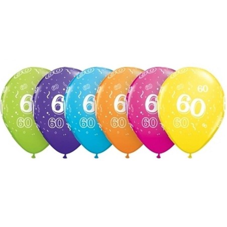 Lateksowe kolorowe balony cyfra 60, 11" - 28 cm. 6 szt.