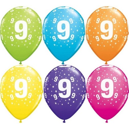 Lateksowe kolorowe balony cyfra 9, 11" - 28 cm. 6 szt.