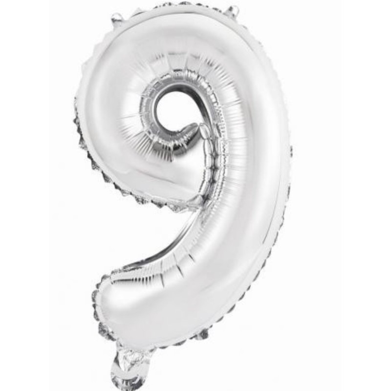 Balon foliowy srebrna Cyfra 9, 14"- 35 cm / 1 szt