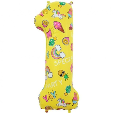 Balon foliowy kolorowa Cyfra 1 z obrazkami, 31"- 78 cm / 1 szt.