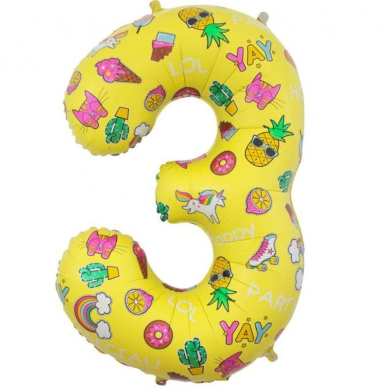 Balon foliowy kolorowa Cyfra 3 z obrazkami, 31"- 78 cm / 1 szt.
