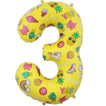 Balon foliowy kolorowa Cyfra 3 z obrazkami, 31"- 78 cm / 1 szt.