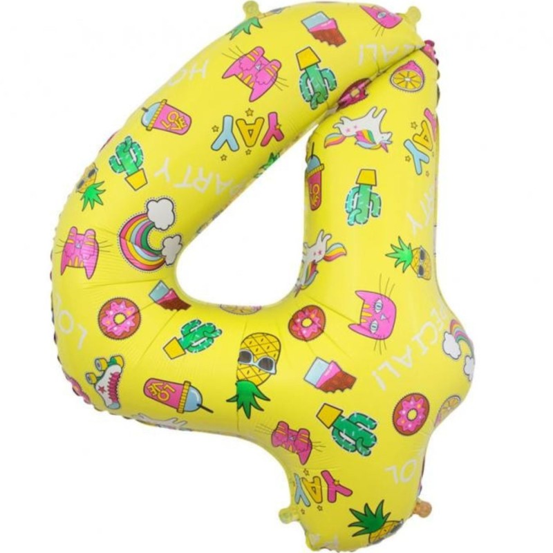Balon foliowy kolorowa Cyfra 4 z obrazkami, 31"- 78 cm / 1 szt.