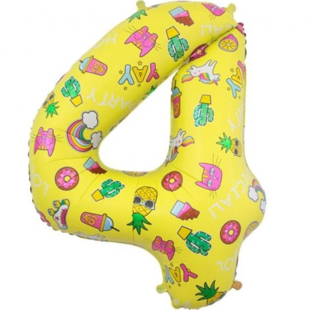 Balon foliowy kolorowa Cyfra 4 z obrazkami, 31"- 78 cm / 1 szt.