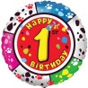 Foliowy balon kolorowy "Happy Birthday - 1", 18" - 46 cm. 1 szt. (pakowany)