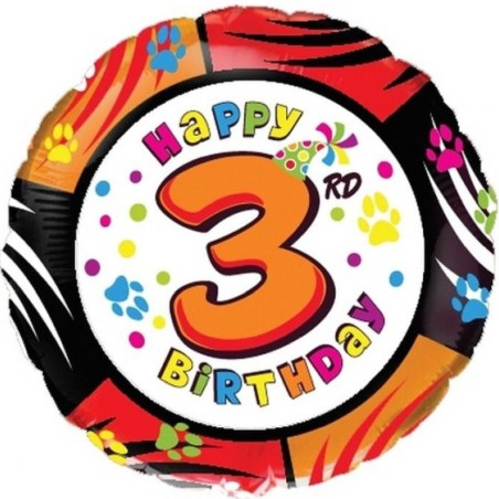 Foliowy balon kolorowy "Happy Birthday - 3", 18" - 46 cm. 1 szt. (pakowany)