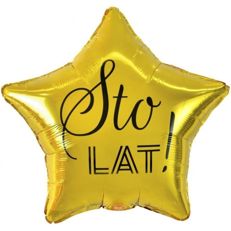 Balon foliowy Sto Lat, gwiazda złota, nadruk czarny, 19"