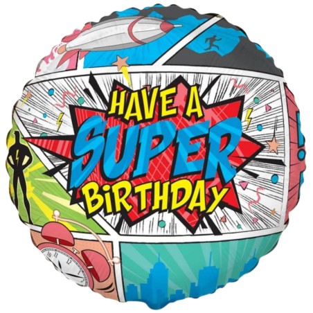 Foliowe Balony kolorowe z napisem "HAVE A SUPER BIRTHDAY"(COMICS). 18"- 46 cm / 1 szt.(pakowany)