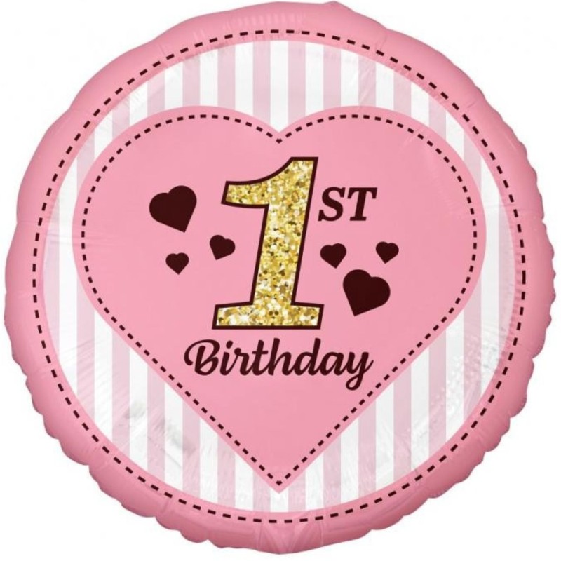 Foliowe Balony różowy z napisem "1st Birthday"(Świeczki). 18"- 46 cm / 1 szt. ,
