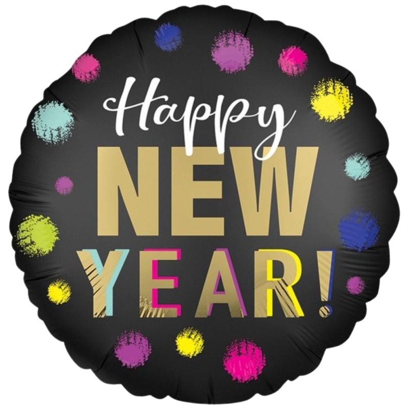 Foliowe Balony kolorowe z napisem "Happy New Year"(Kropki). 18"- 46 cm / 1 szt.(zapakowany)